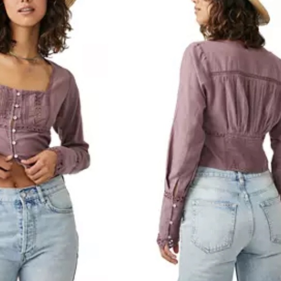 New Free People Purple JOI Square Neck Button Front Smocked Back Crop Blouse - Picture 1 of 14